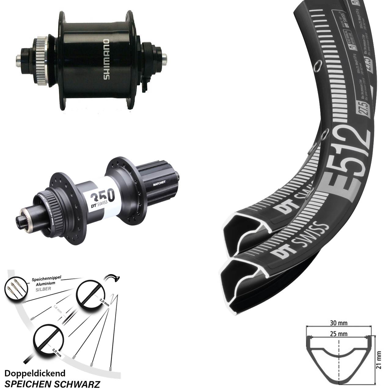 DT Swiss E512-350 Ratchet 36 Shimano DH-UR700 29 Zoll Disc Laufrad-Satz QR 8-11 fach