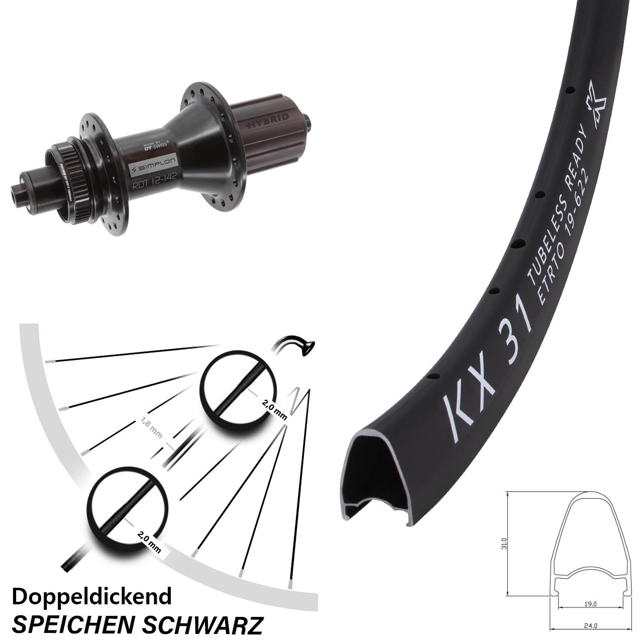 Hinterrad Centerlock 28 Zoll KX 31 DT Swiss 370 Hybrid 8-11 fach HG QR