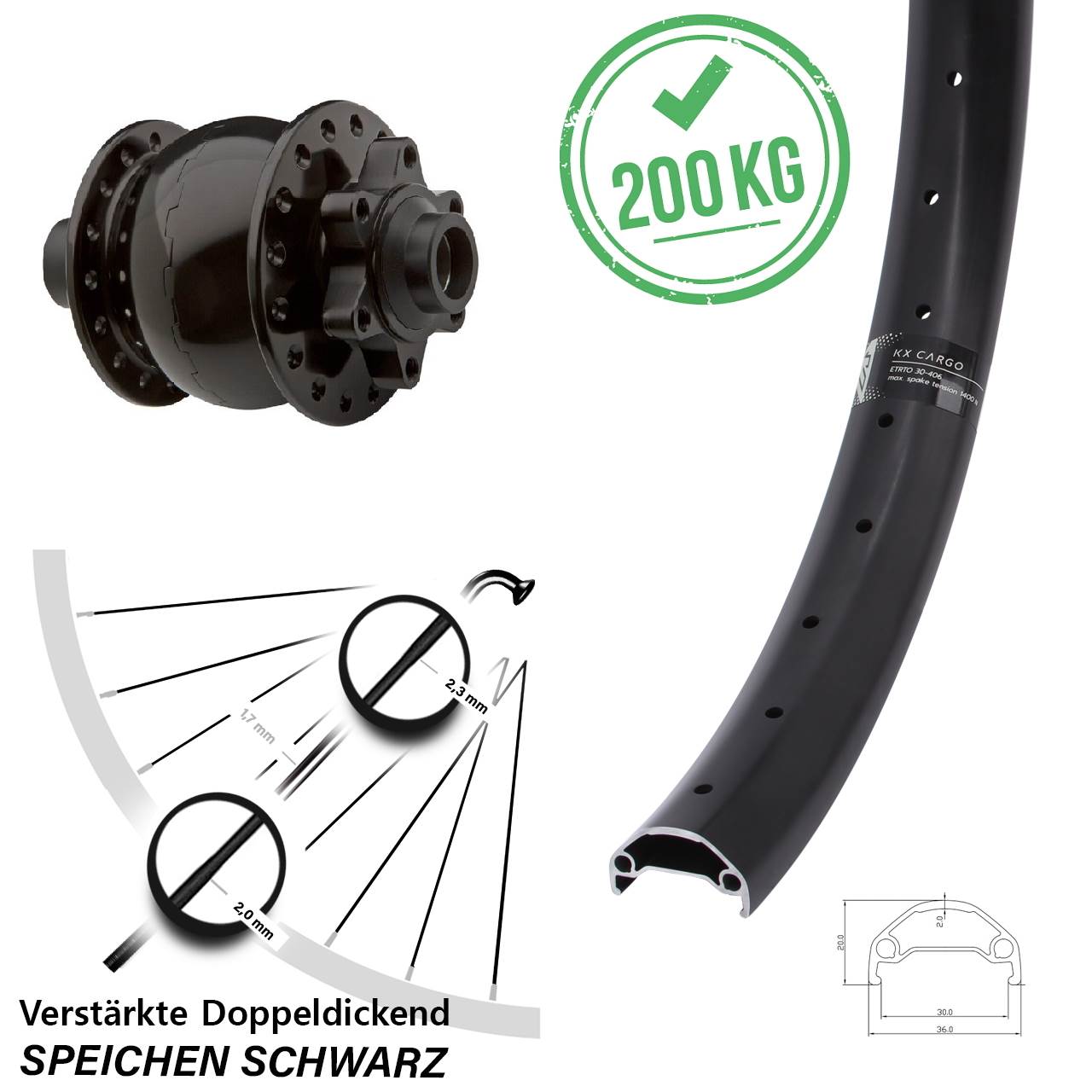 20 Zoll Vorderrad KX Cargo 30 mm breit Nabendynamo SON 28 schwarz Steckachse