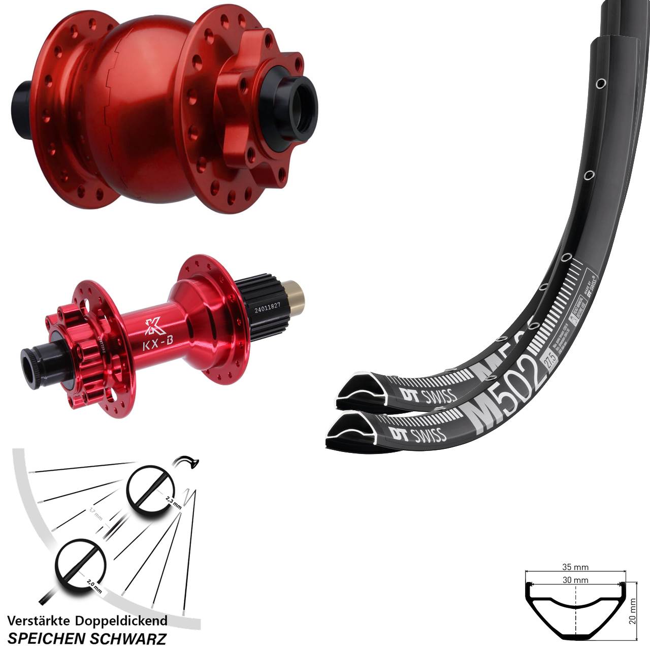 Laufradsatz 6-Loch 29 Zoll DT Swiss M502 KX-B rot SON 28 Micro Spline 15x110 12x148