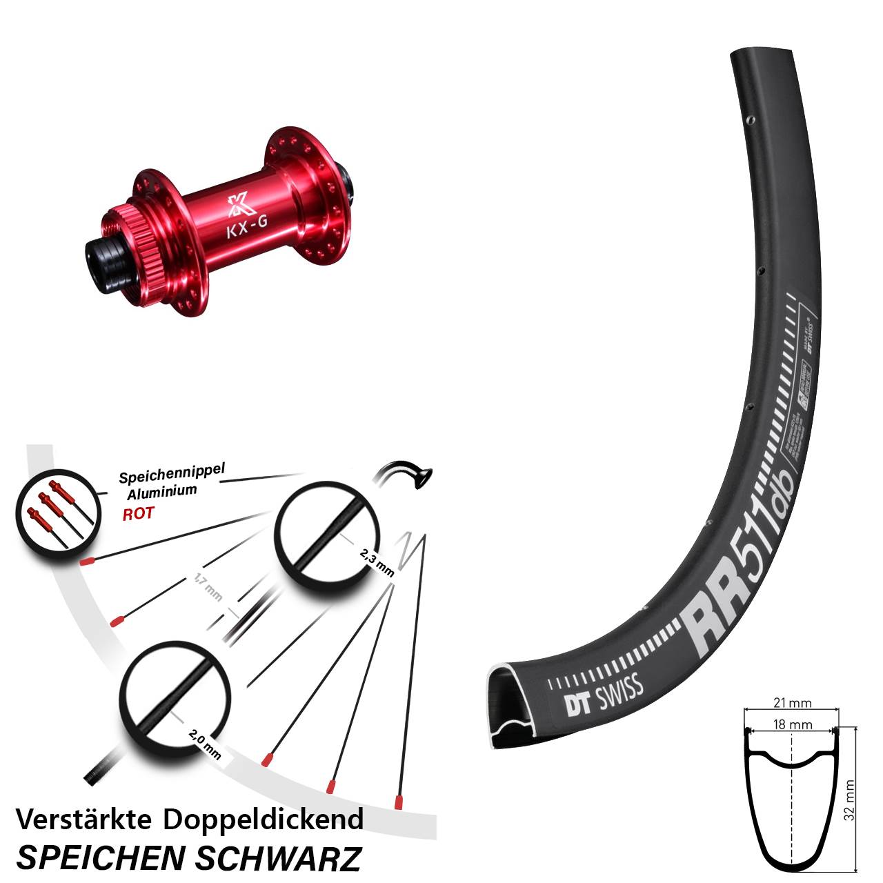 28 Zoll Vorderrad KX-G rot 12x100 mm Road Disc DT Swiss RR 511 DB Centerlock