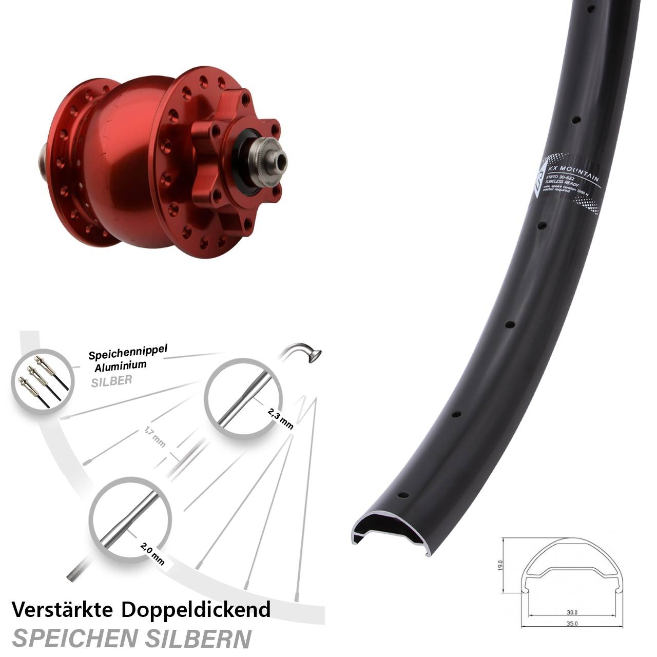 29 Zoll KX Mountain SON 28 rot Dynamo-Vorderrad 6-Loch für Schnellspanner