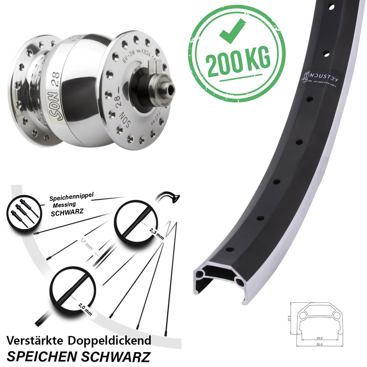 Nabendynamolaufrad für Schnellspanner 26 Zoll KX Industry SON 28 poliert