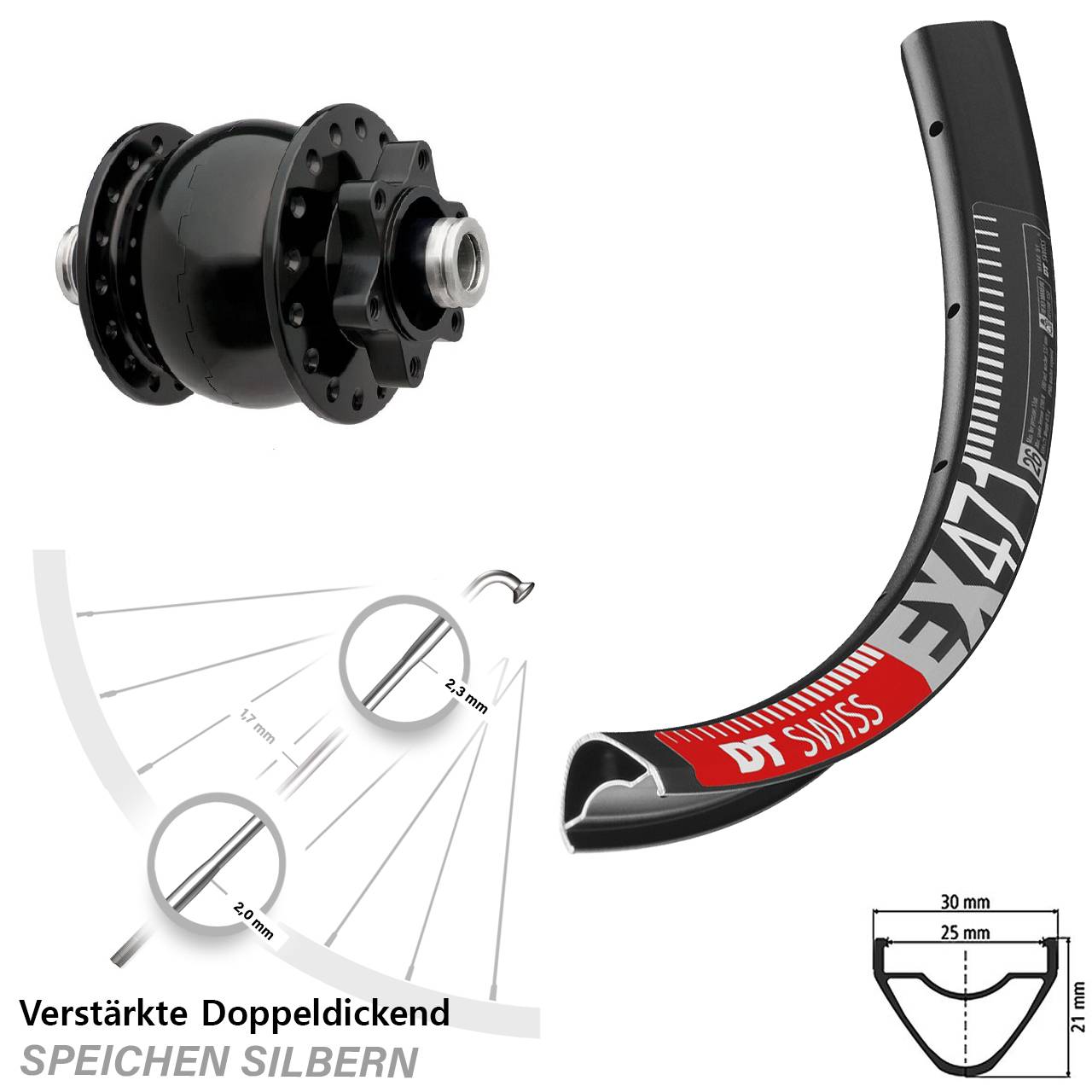 6-Loch Dynamo-Vorderrad 29 Zoll DT Swiss EX471 SON 28 12x100