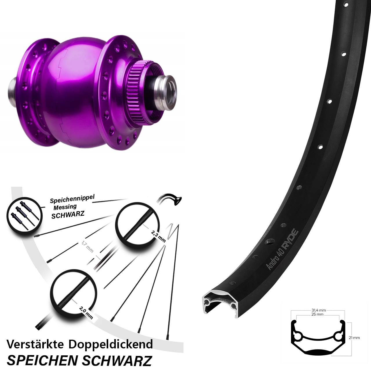 Nabendynamovorderrad Centerlock 12x100 650B Ryde Andra 40 SON 28 violett