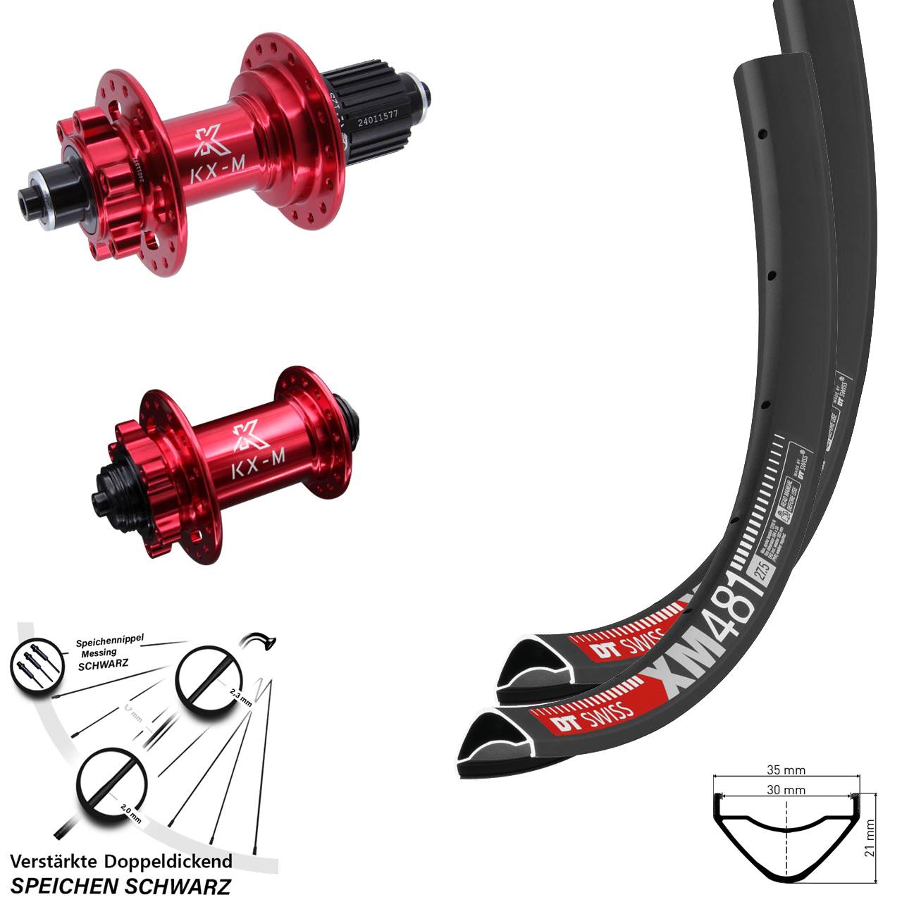 27,5 Zoll DT Swiss XM 481 KX-M rot Disc Laufrad-Satz QR Micro Spline