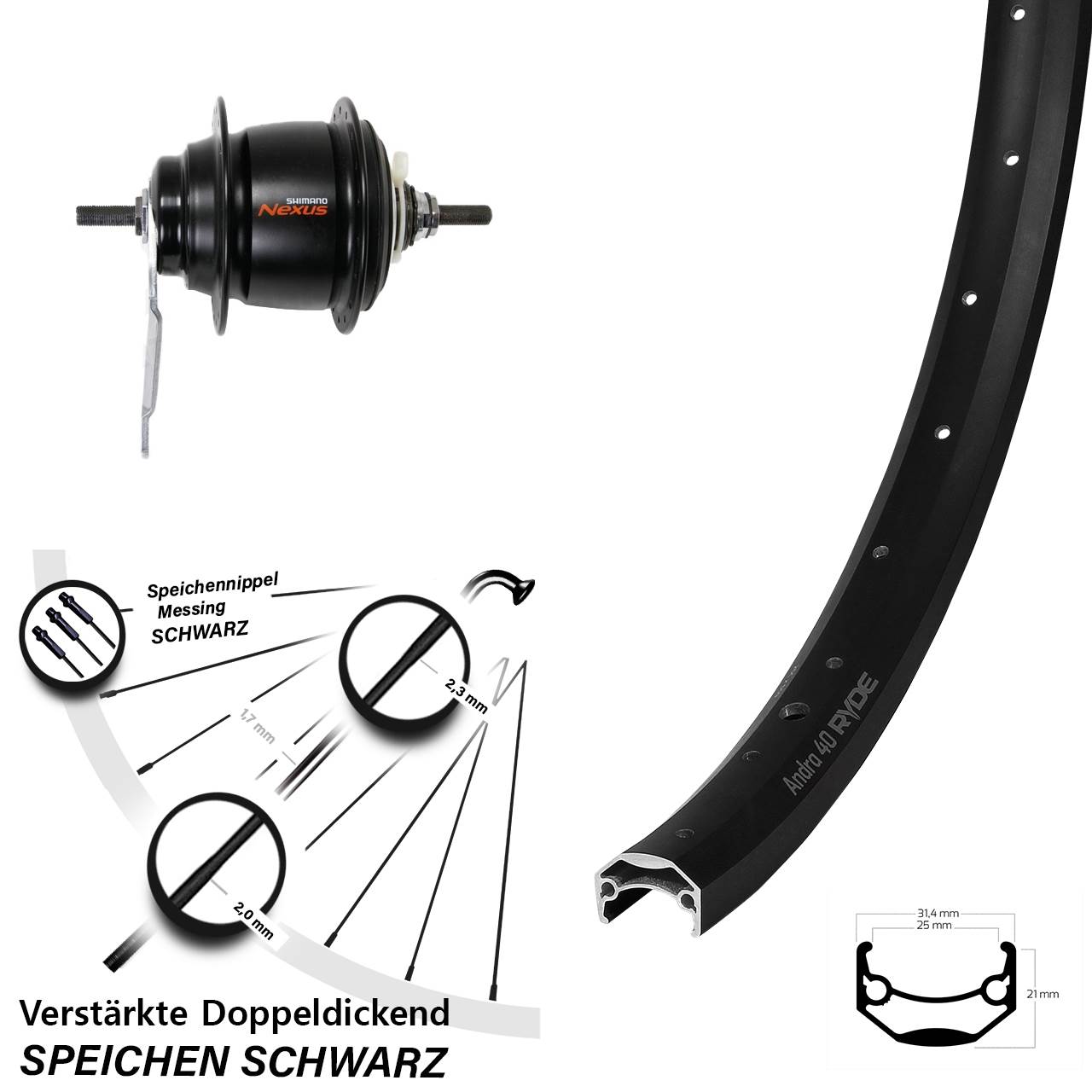 Ryde Andra 40 Disc 28 Zoll Hinterrad schwarz Shimano Nexus 8 Gang Rücktritt