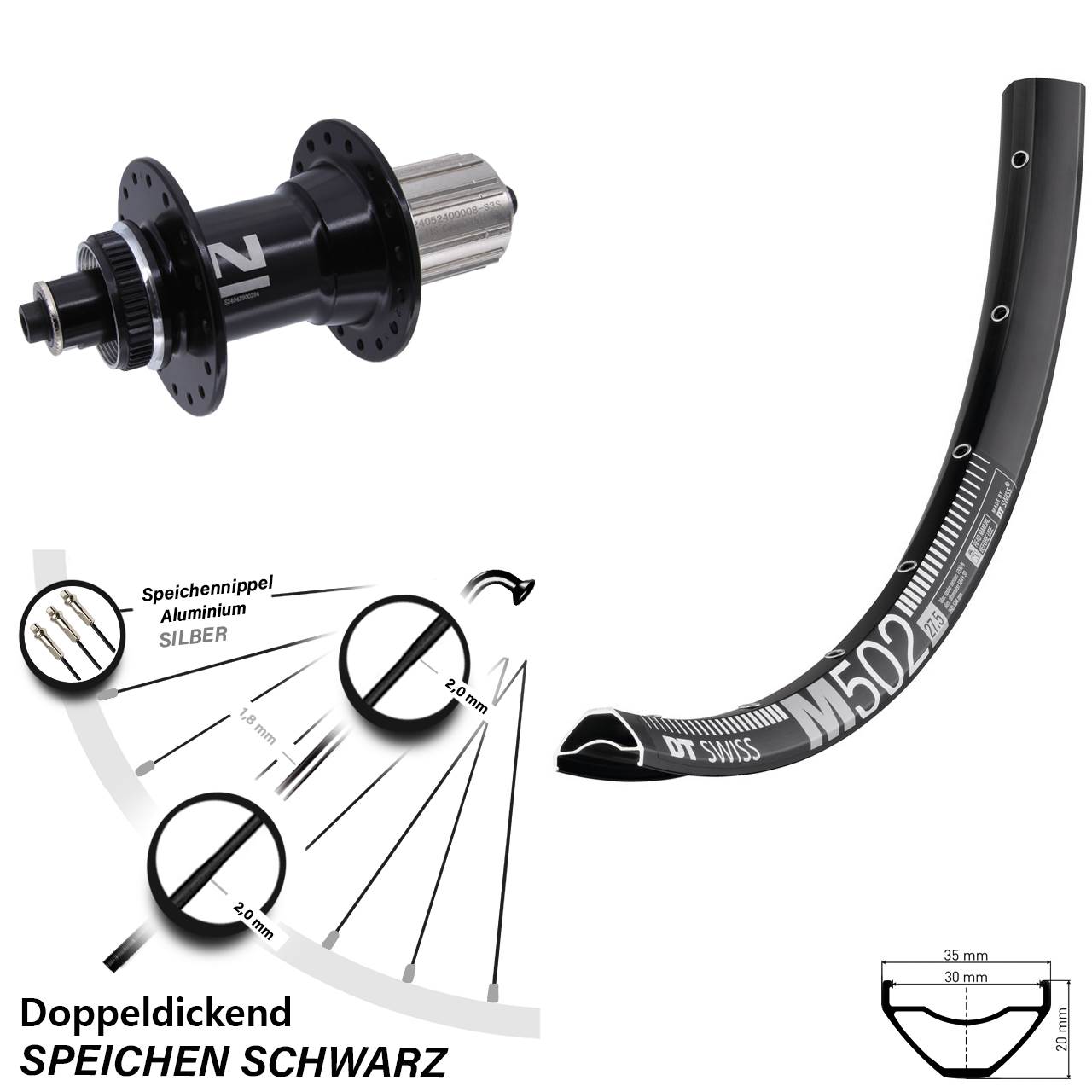 27,5 Zoll DT Swiss M 502 Disc Novatec D042SB Centerlock Hinterrad 8-12 fach