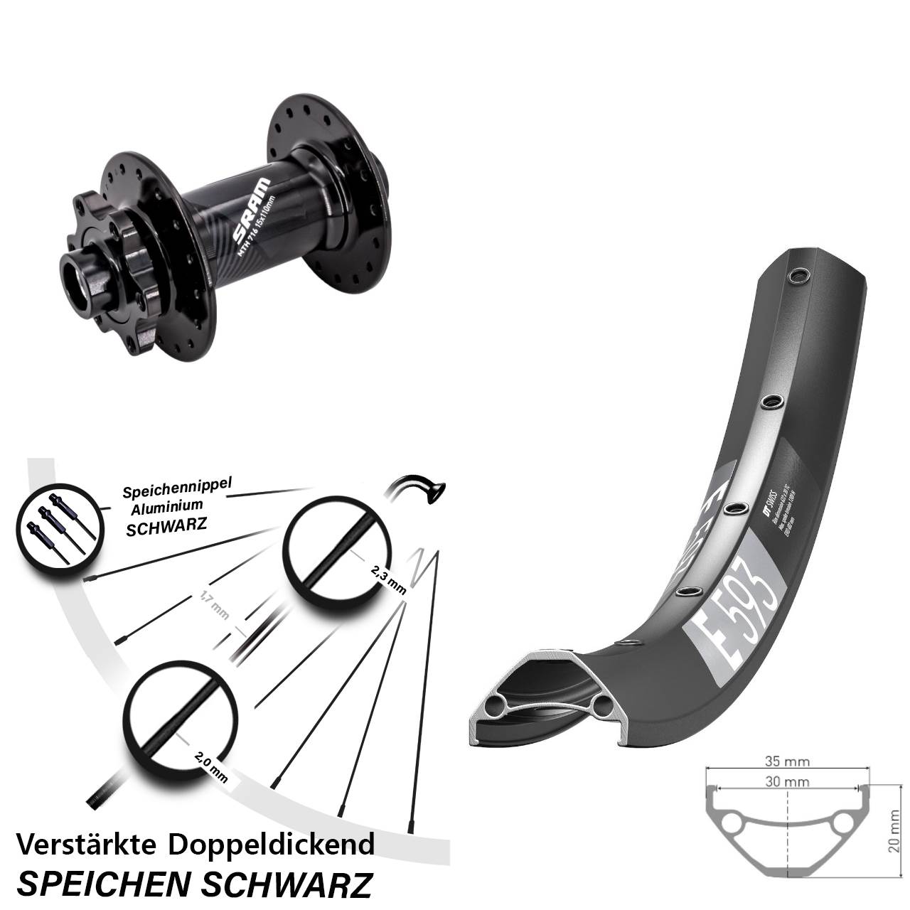 Disc Vorderrad 27,5 Zoll DT Swiss E 593 Sram 716 15x110 Boost