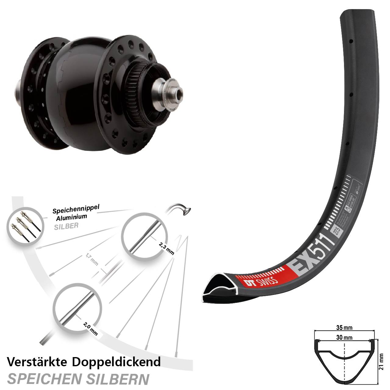 SONdelux DT Swiss EX511 27,5 Zoll Disc Laufrad mit Nabendynamo für Schnellspanner