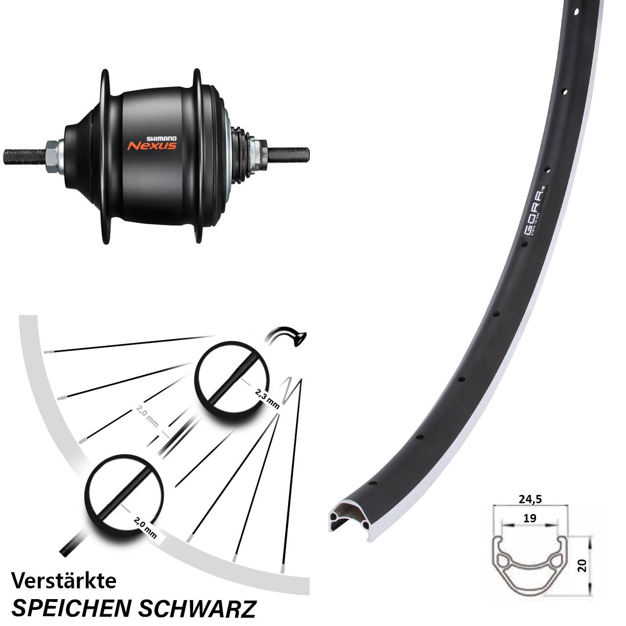 26 Zoll Hinterrad Shimano Nexus 8 Gang Freilauf Gora 19 schwarz