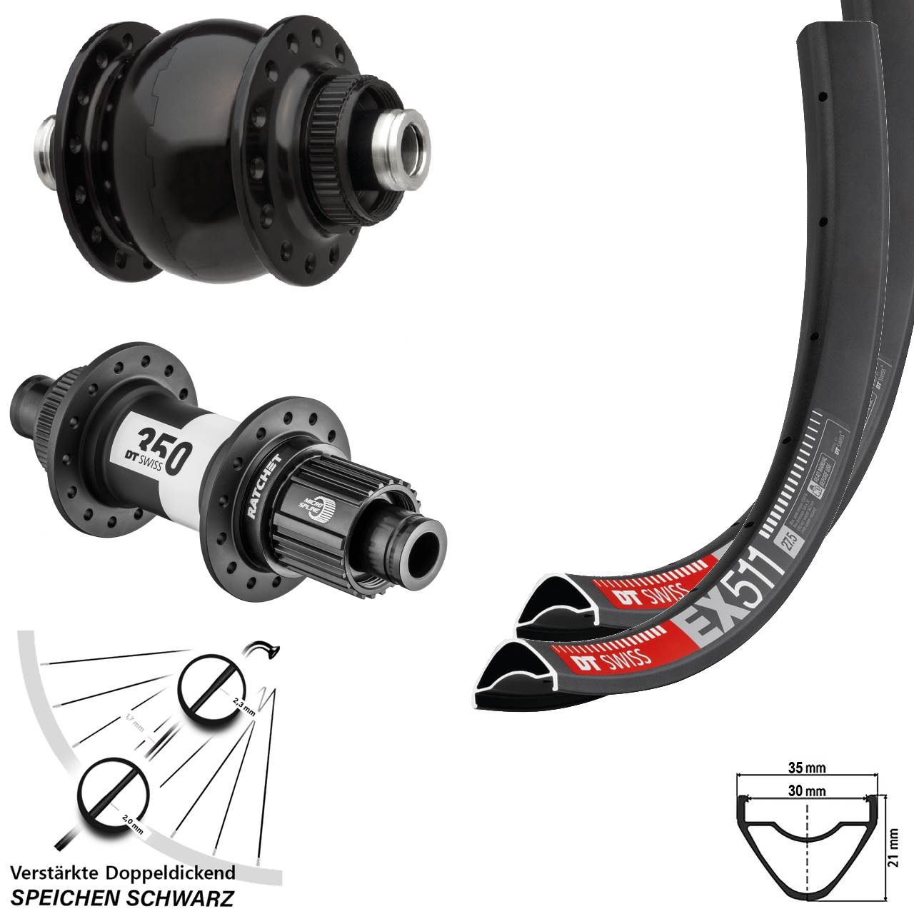 27,5 Zoll DT Swiss EX511 SON 28 350 Micro Spline Centerlock Laufradsatz 12x100/142