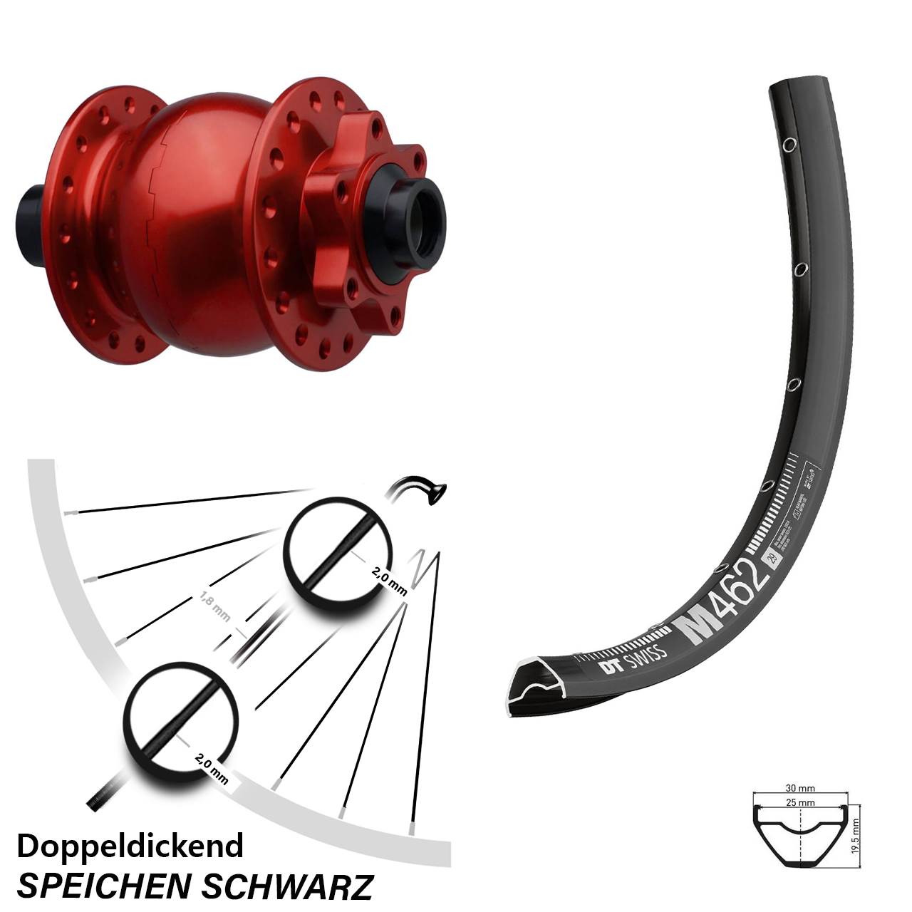 Boost Disc Nabendynamolaufrad 15x110 27,5 Zoll DT Swiss M 462 SON 28 rot