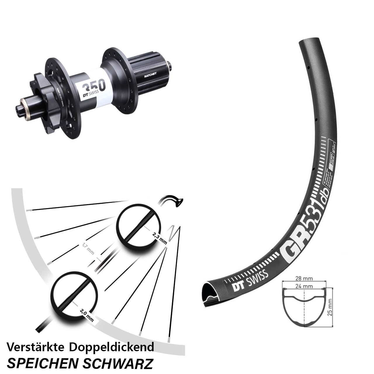 28 Zoll DT Swiss GR531 DT Swiss 350 Ratchet 36 Disc Laufrad für Schnellspanner 8-11 fach