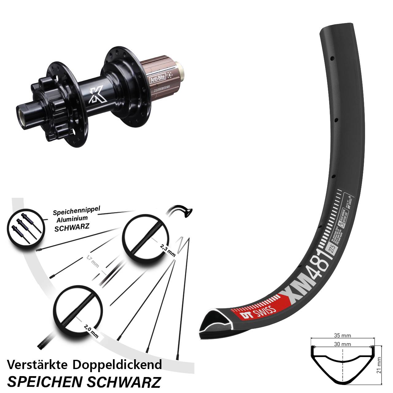 6-Loch Hinterrad 27,5 Zoll DT Swiss XM 481 KX-M Shimano Anti-Bite 8-12 fach HG 12x142