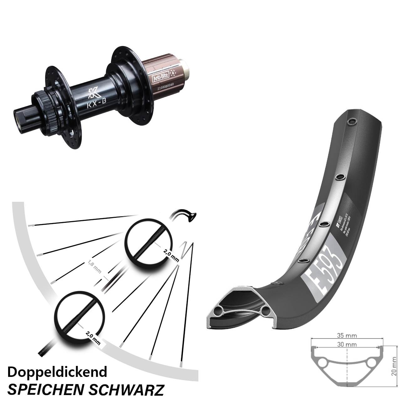 Centerlock Hinterrad 29 Zoll DT Swiss E593 KX-B 8-12 fach HG 12x148