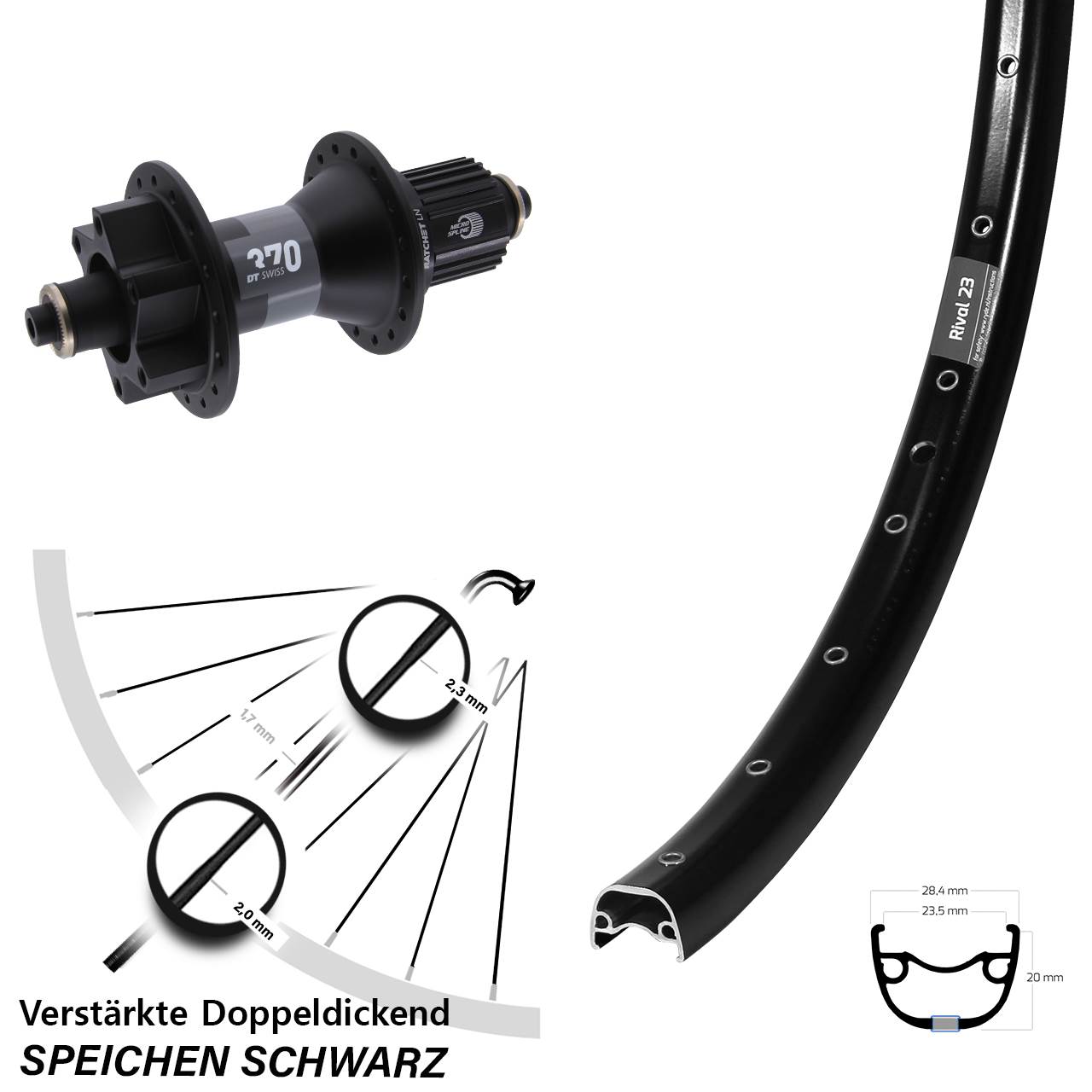 Ryde Rival 23 DT Swiss 370 Ratchet LN 6-Loch 650B Hinterrad QR Micro Spline