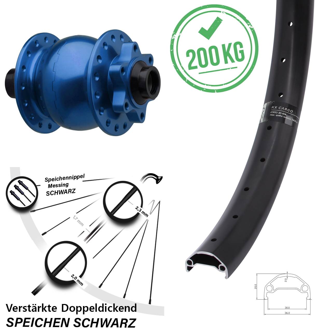 Disc 29 Zoll Vorderrad mit Nabendynamo KX Cargo SON 28 blau 15x110 Boost