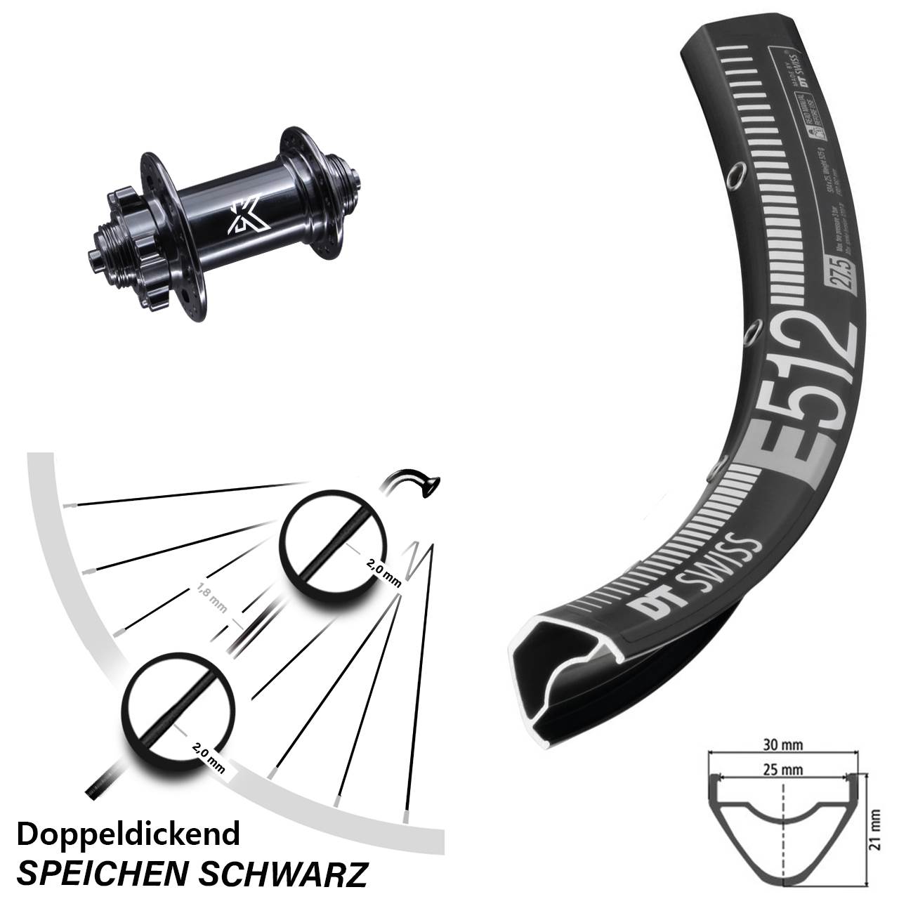 schwarzes 29 Zoll MTB Enduro Vorderrad DT Swiss E 512 mit KX-M 6-Loch Disc 5x100 mm