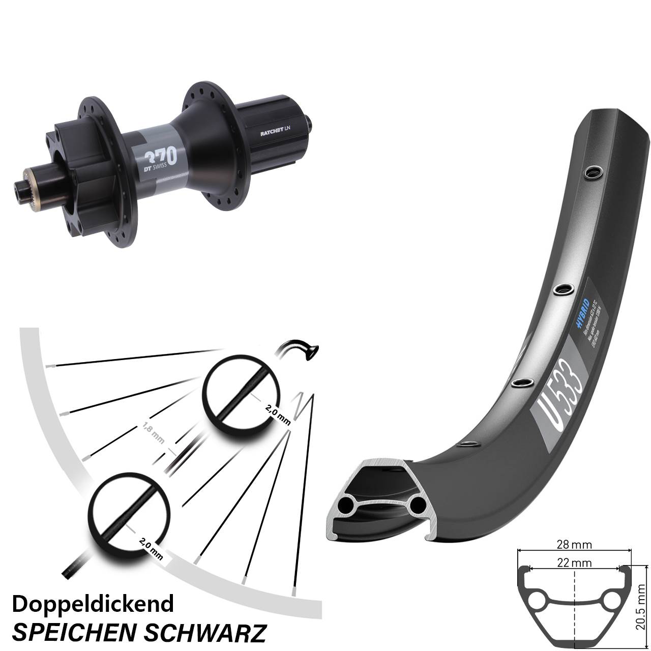 DT Swiss U533-370 29 Zoll Hinterrad 6-Loch QR 8-11 fach HG