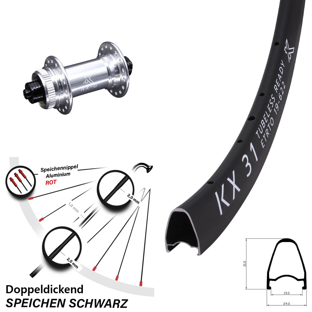 Laufrad 28 Zoll KX-G 31 Disc Centerlock 5/100 silbern