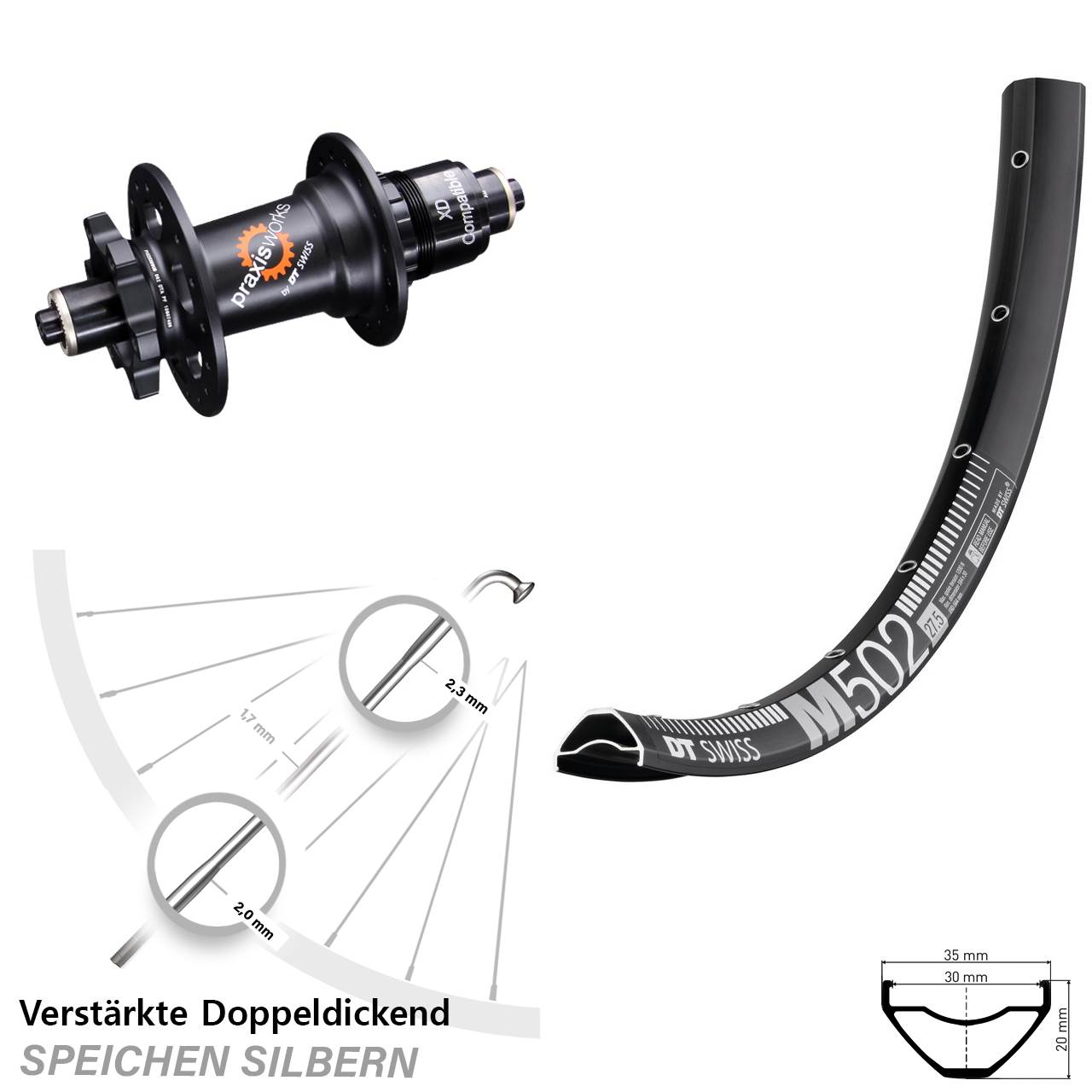DT Swiss M502-350 29 Zoll Hinterrad 6-Loch für Schnellspanner XD