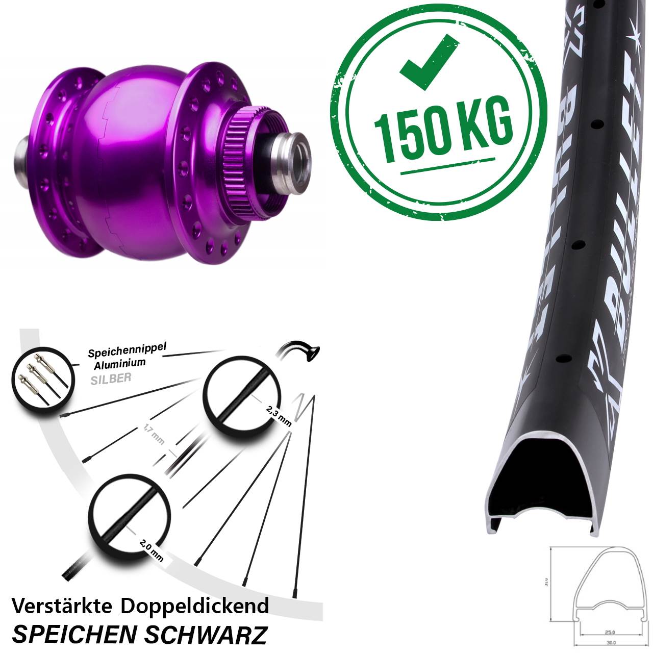 Nabendynamo-Vorderrad Centerlock KX Bullet OS SON 28 Zoll violett 12x100