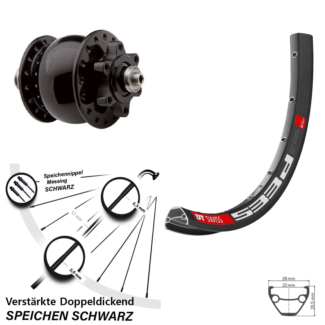 SON 28 DT Swiss 533 D 28-29 Zoll Vorderrad mit Nabendynamo 6-Loch für Schnellspanner