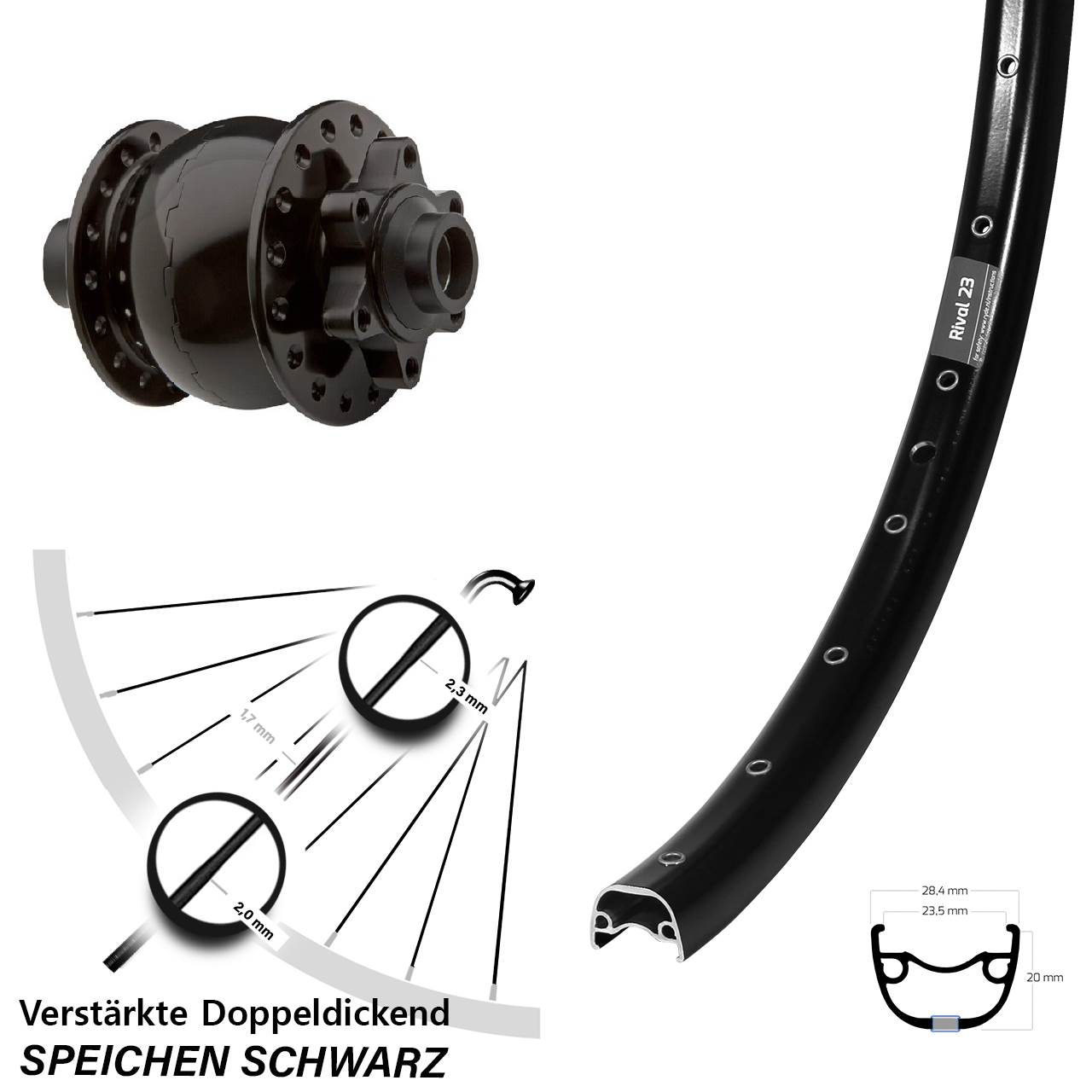 27,5 Zoll Ryde Rival 23 SON 28 Disc Vorderrad mit Nabendynamo 15x100
