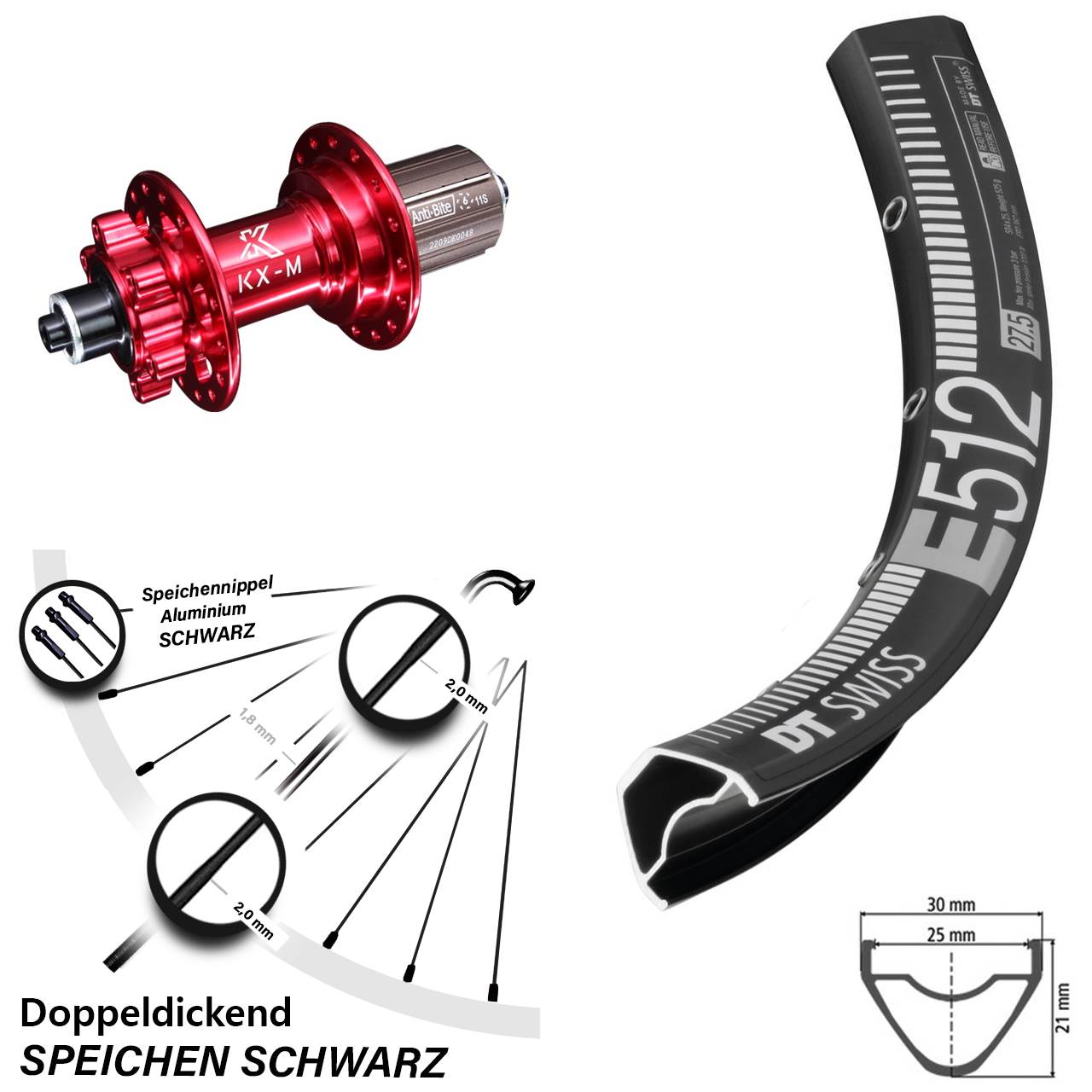 27,5 Zoll DT Swiss E512 KX-M rot 6-Loch Hinterrad QR 8-12 fach