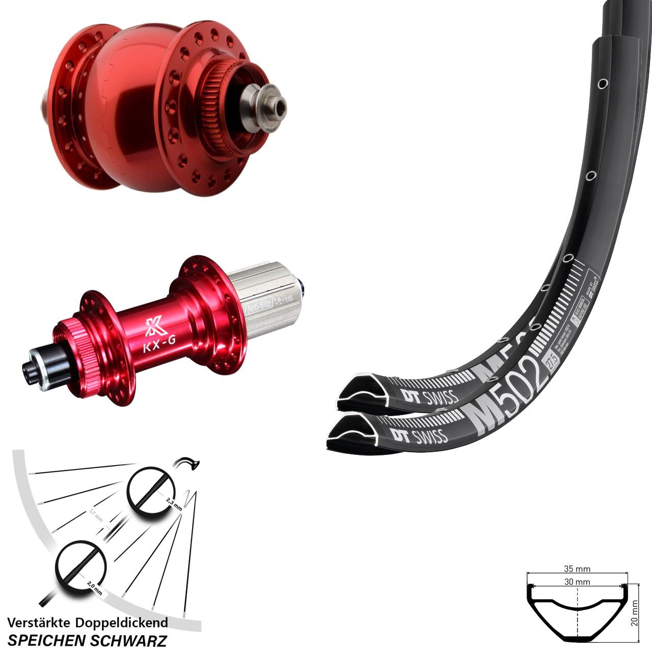 Laufradsatz Centerlock 29 Zoll DT Swiss M502 KX-G rot SON 28 8-12 fach QR
