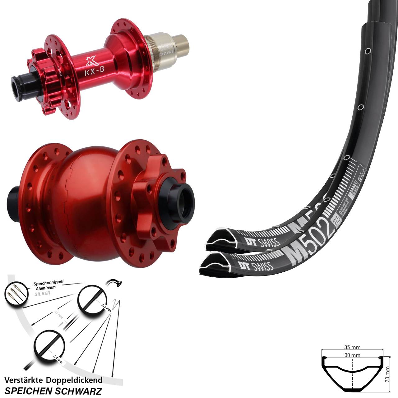 Laufradsatz 6-Loch 29 Zoll DT Swiss M 502 KX-B rot SON 28 SRAM XD 15x110 12x148