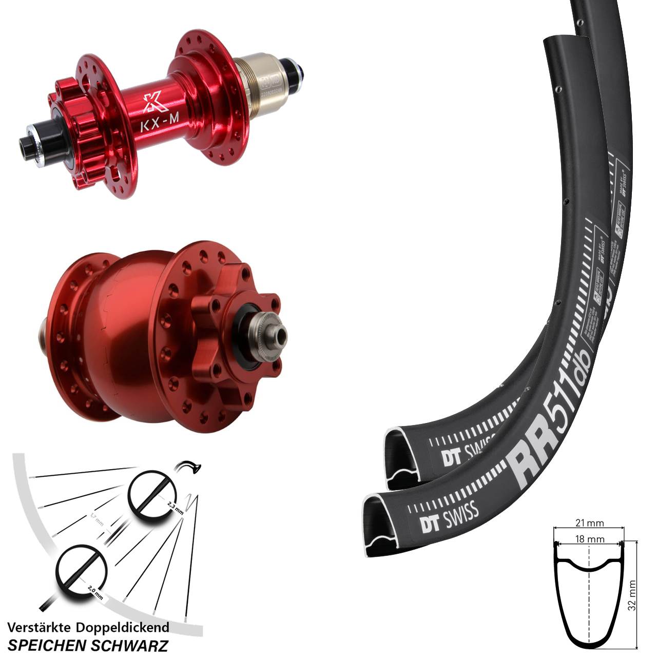 DT Swiss RR511 KX-M rot SON 28 Zoll 6-Loch Laufradsatz für Schnellspanner XD 11-12 fach