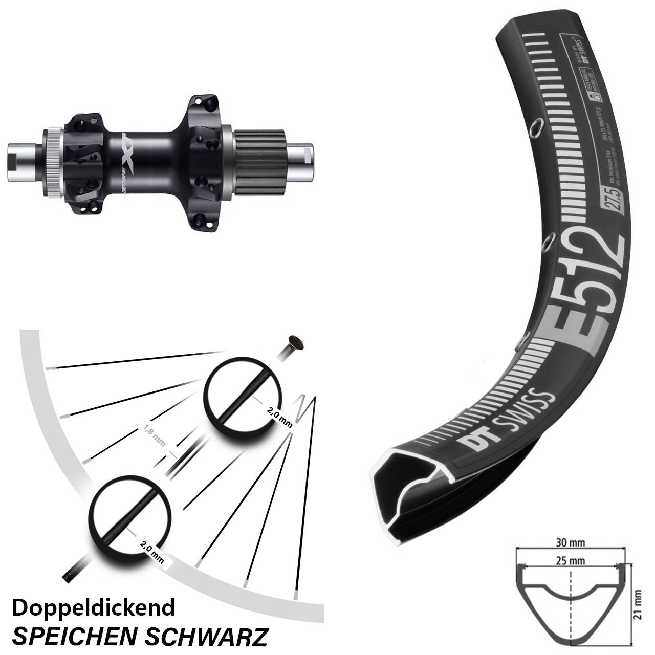 Hinterrad 29 Zoll DT Swiss E512 Shimano Deore XT FH-M8110-BS Straightpull 12-fach