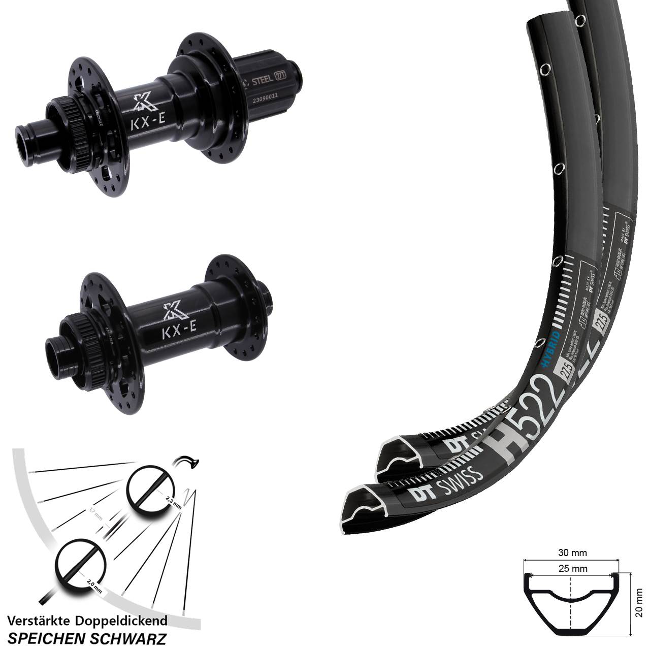 27,5 Zoll DT Swiss H 522 KX-E Heavy Duty Laufradsatz 15x110 12x148 8-12 fach
