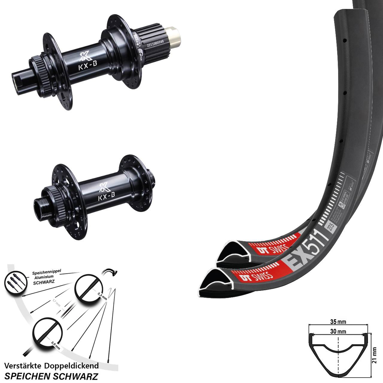 27,5 Zoll DT Swiss EX511 KX-B Boost Laufradsatz 15x110 12x148 Micro Spline