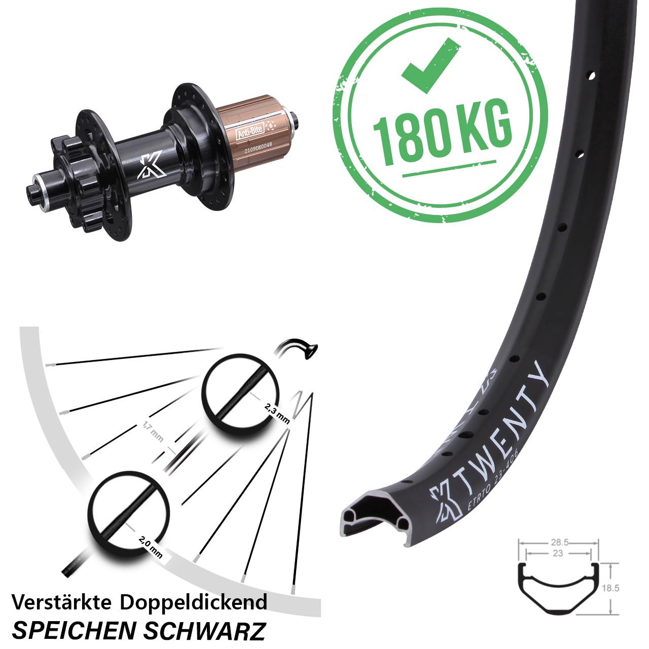 KX-M Twenty Hinterrad 20 Zoll 6-Loch 8-12 fach für Schnellspanner