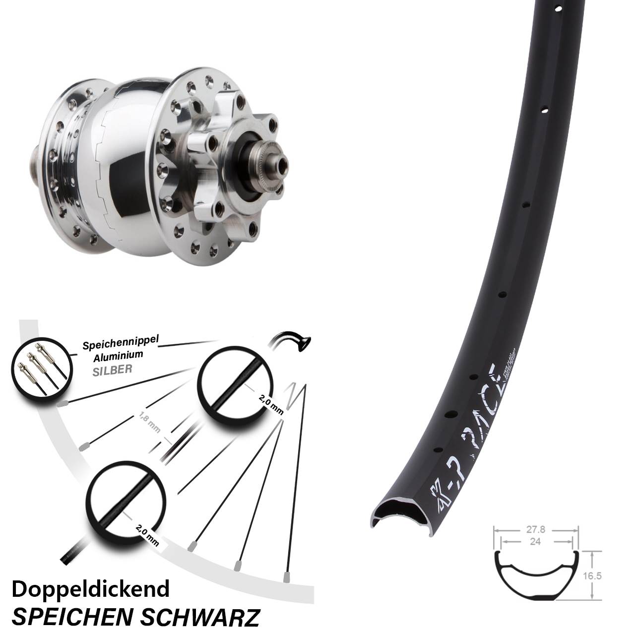 29 Zoll KX-R Race Vorderrad leicht Nabendynamo SON 28 silbern poliert 6-Loch