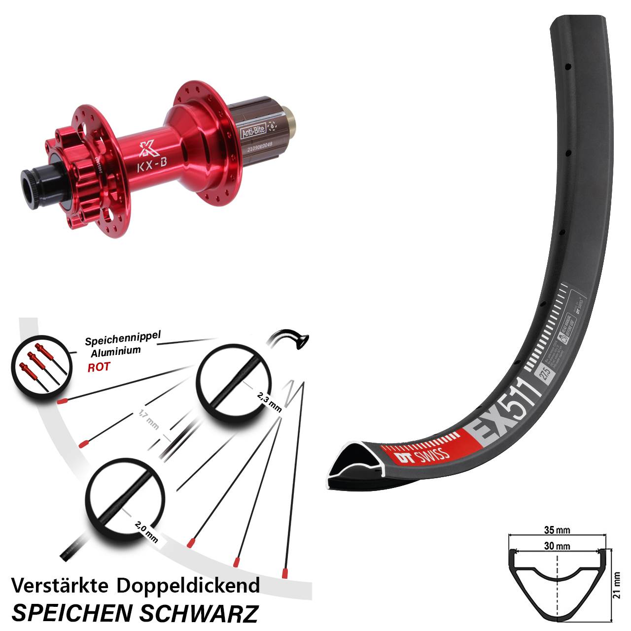 Boost Hinterrad 6-Loch 12x148 27,5 Zoll DT Swiss EX511 KX-B rot 8-12 fach