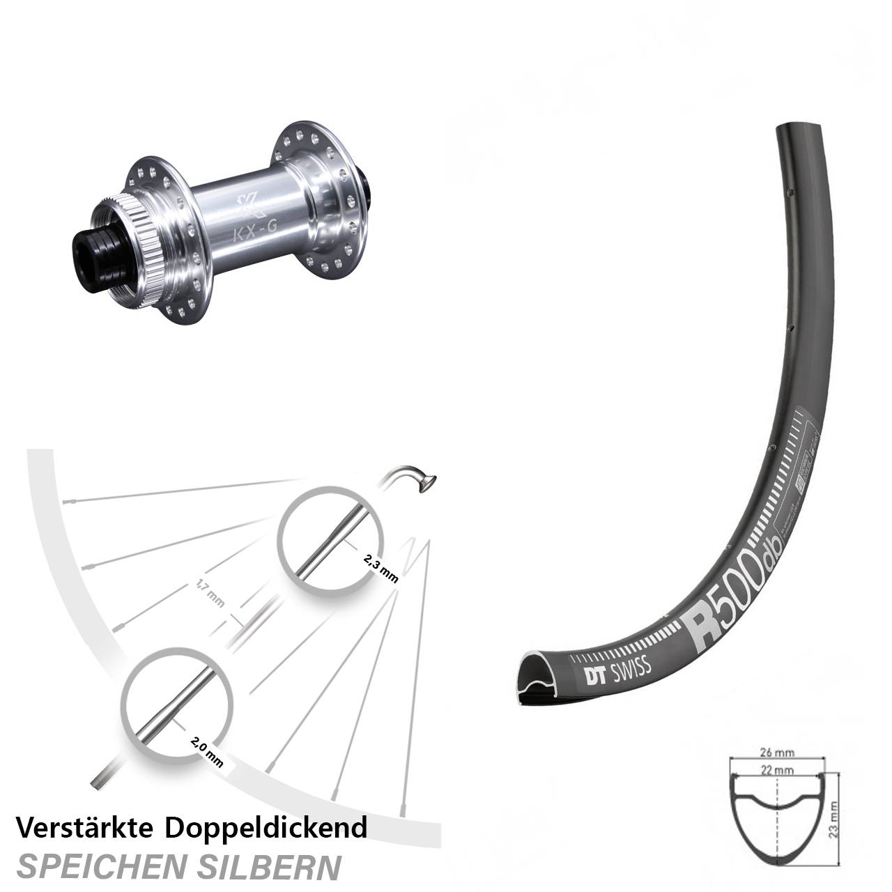 Road Disc DT Swiss R 500 Vorderrad 28 Zoll verstärkt KX-G silbern Centerlock