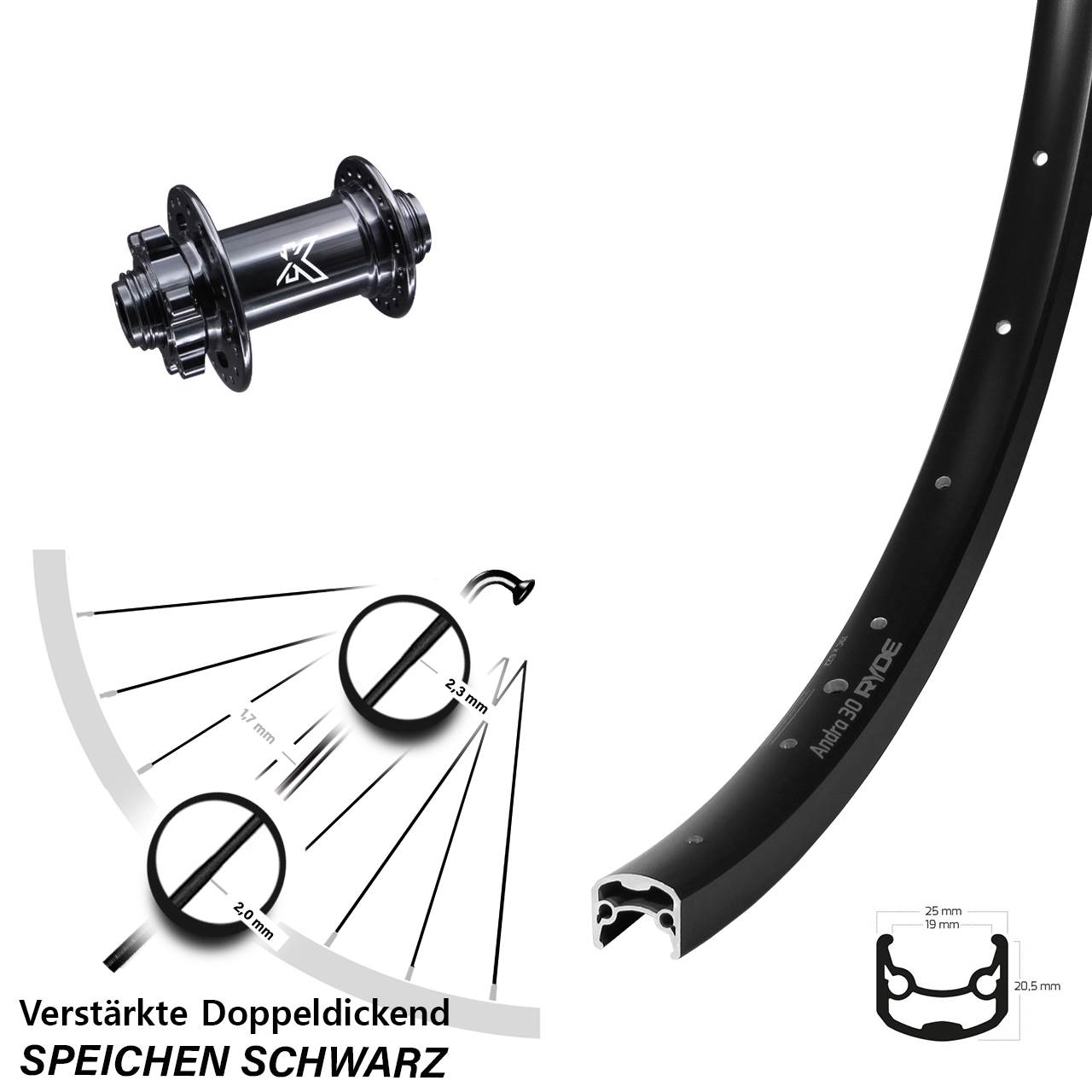 6-Loch Vorderrad 28-29 Zoll Ryde Andra 30 KX-M 15x100