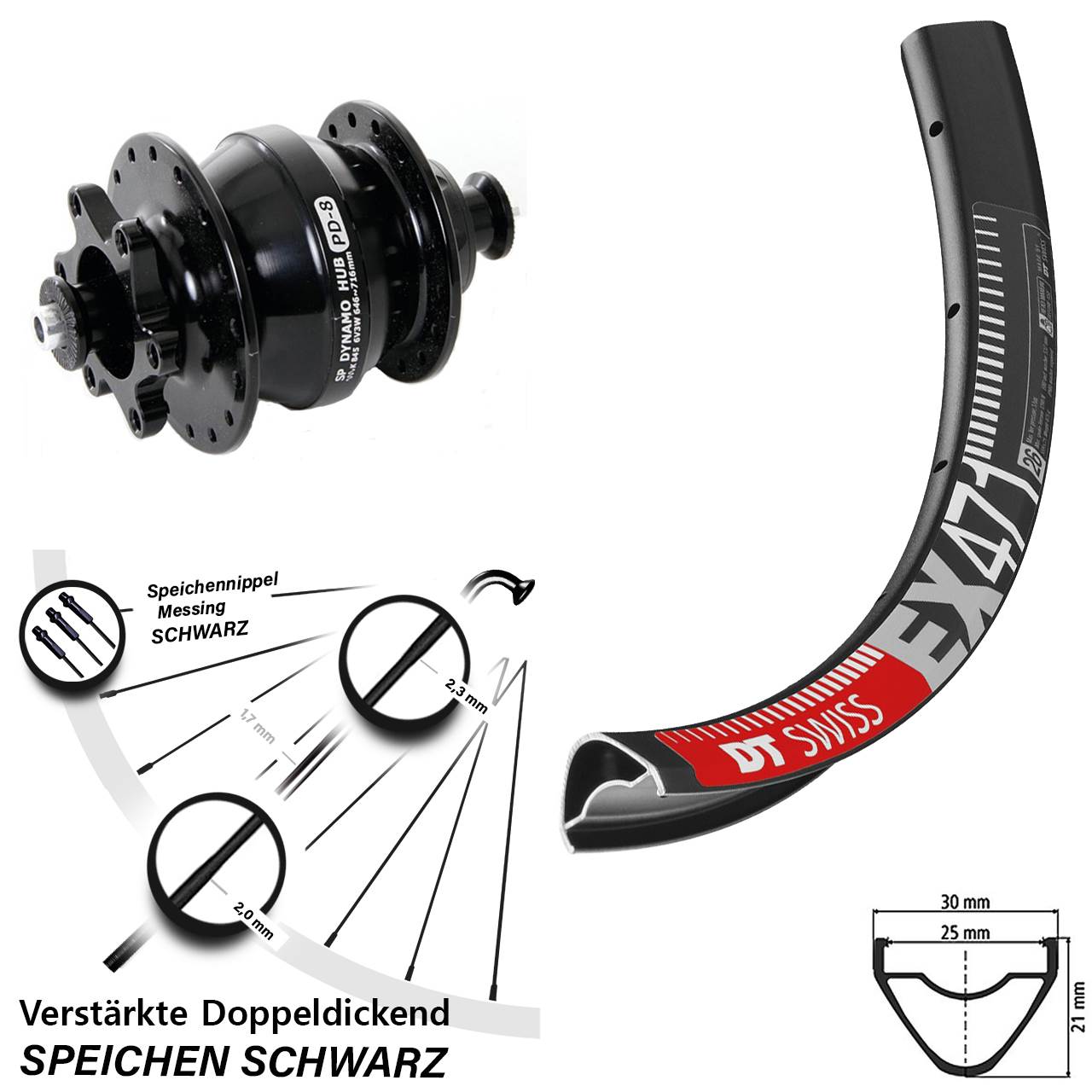 Disc 29 Zoll Nabendynamolaufrad für Schnellspanner DT Swiss EX471 Shutter PD-8