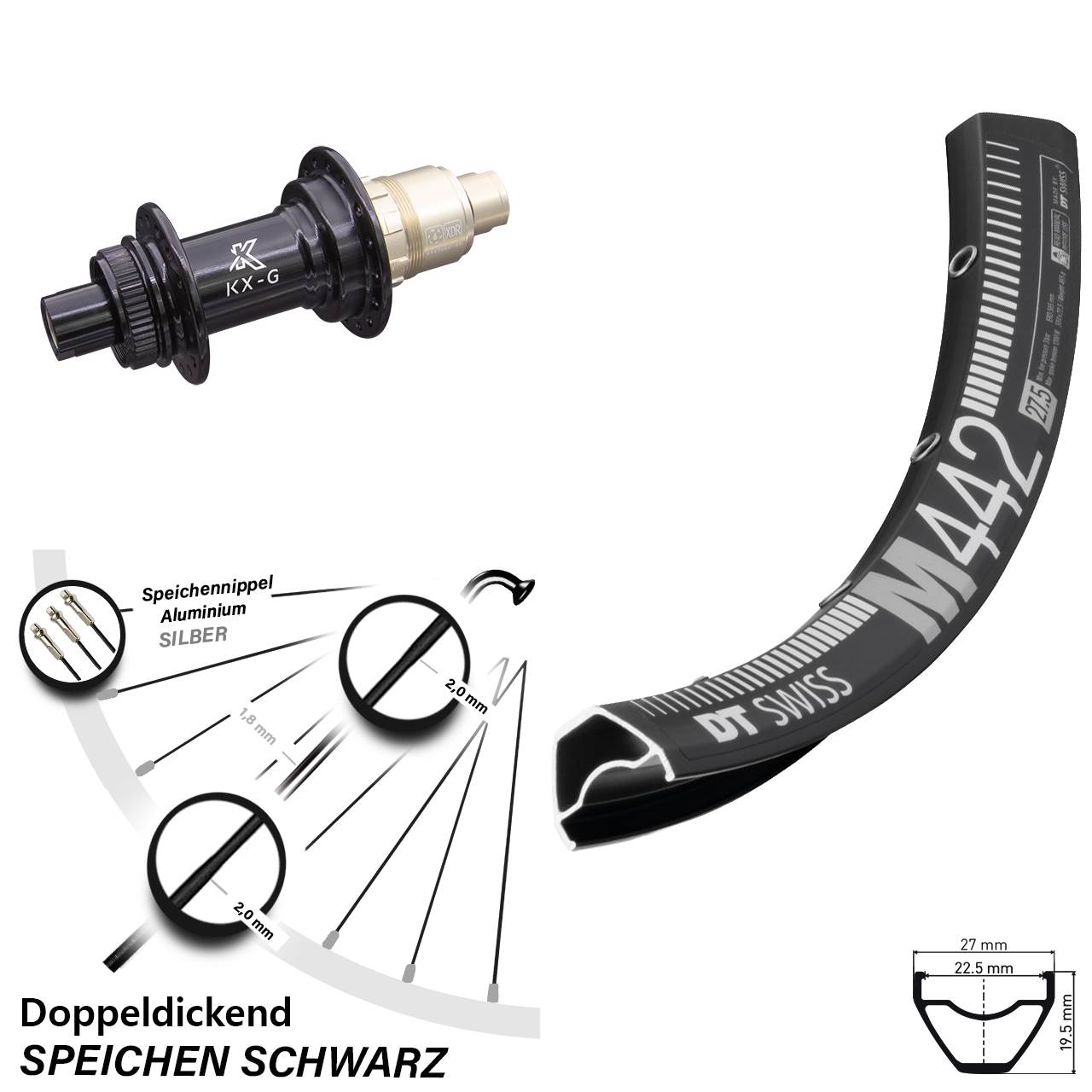 28-29 Zoll DT Swiss M442 KX-G Hinterrad Centerlock 12x142 XD-R