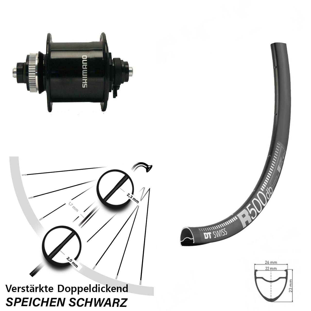 Vorderes Laufrad 28 Zoll DT Swiss R 500 Shimano DH-UR700-3D Dynamo Centerlock