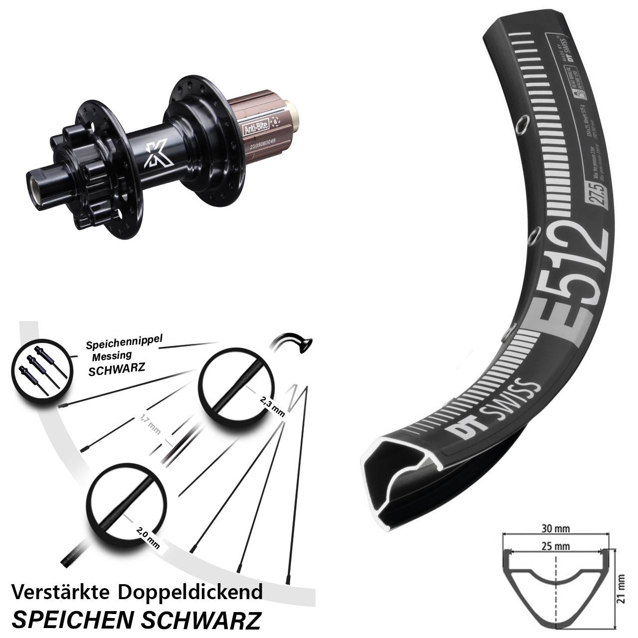 6-Loch Hinterrad 27,5 Zoll DT Swiss E512 KX-M Shimano Anti-Bite 8-12 fach HG 12x142