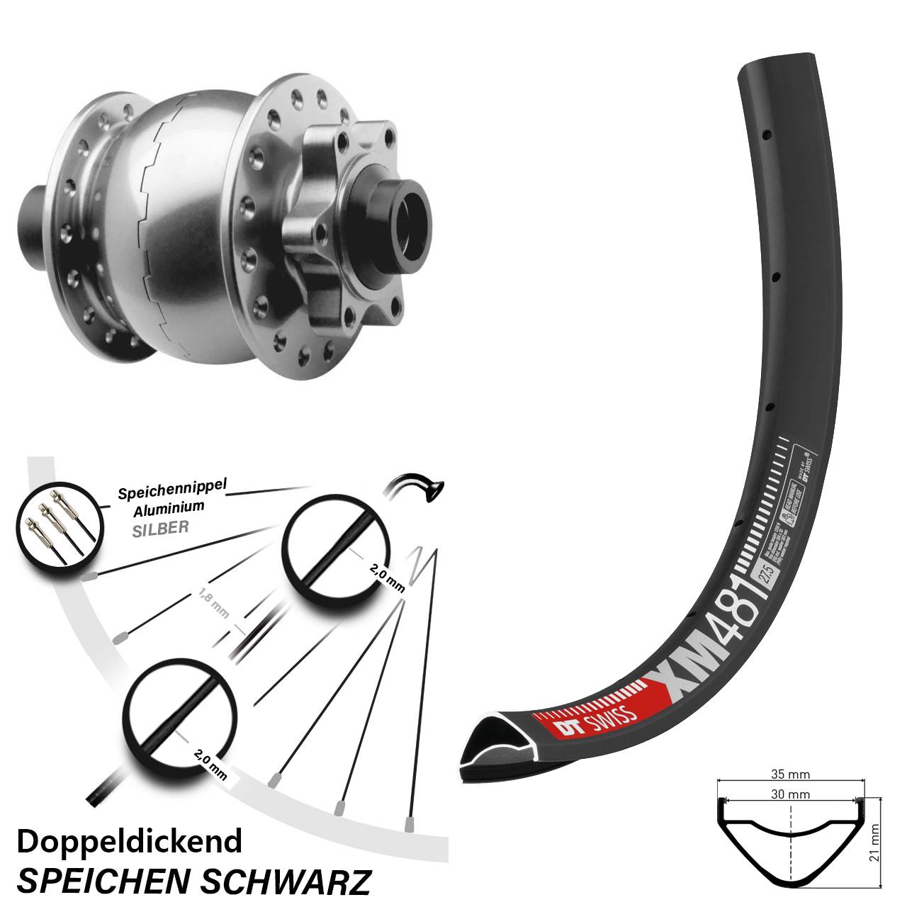 Nabendynamovorderrad 6-Loch 15x100 27,5 Zoll DT Swiss XM481 SON 28