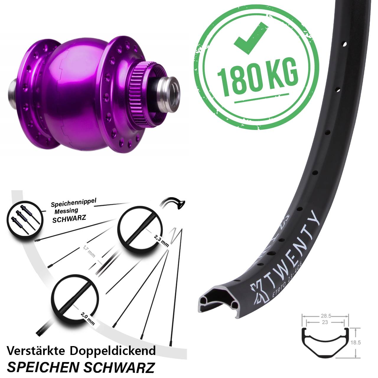 Centerlock Dynamo-Vorderrad 12x100 20 Zoll KX Twenty SON 28 violett