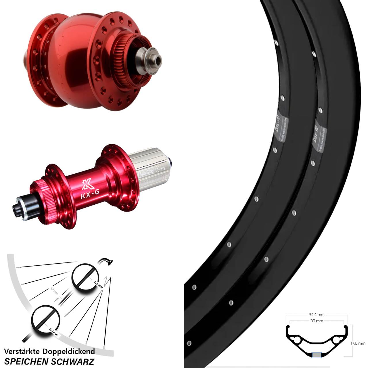 Laufrad-Satz 27,5 Zoll Ryde Disc 30 KX-G rot SON 28 8-12 fach HG QR