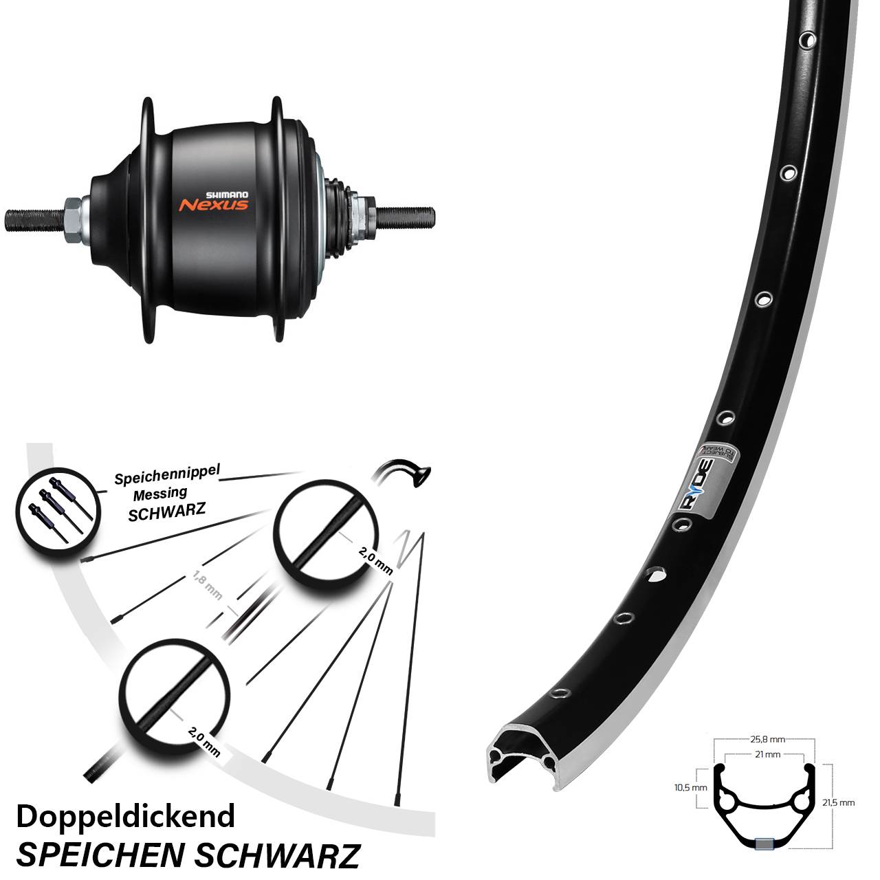 28 Zoll Hinterrad Ryde ZAC421 Shimano Nexus 8 Gang Freilauf schwarz