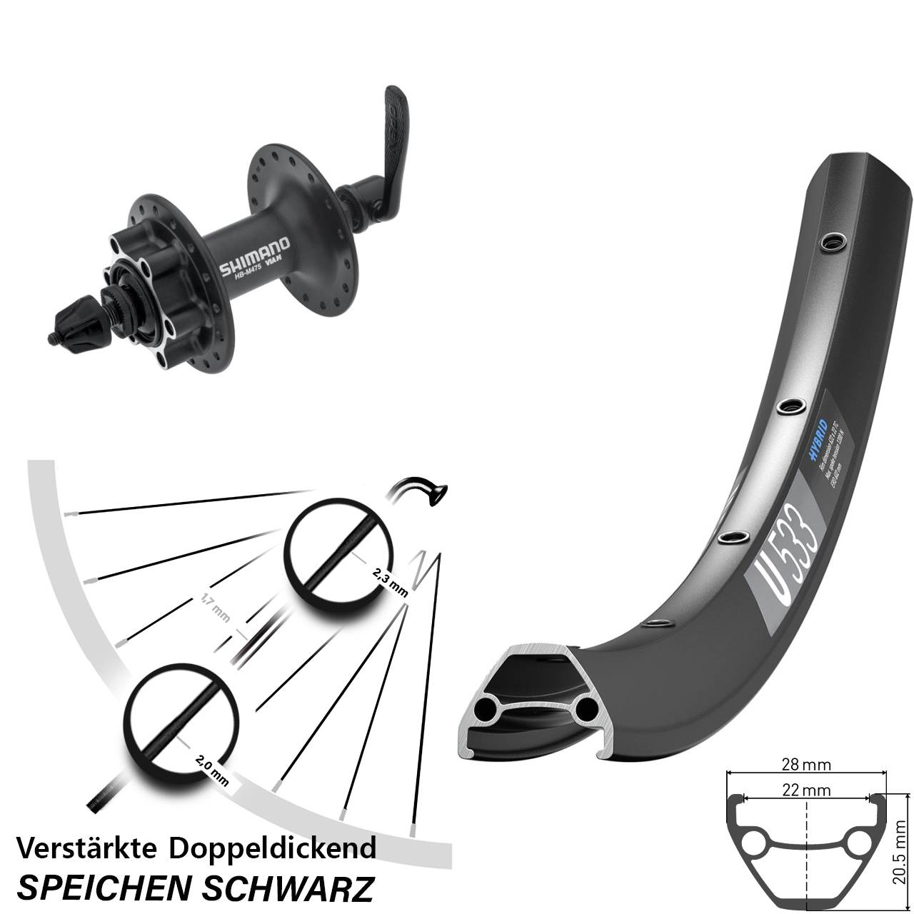29 Zoll DT Swiss U533 Shimano HB-M475 Disc Laufrad für Schnellspanner